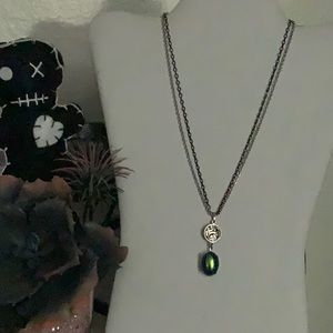 Black Iridescent Cab on Acrylic Silver Charm Drop on Silver and Black Rolo Chain